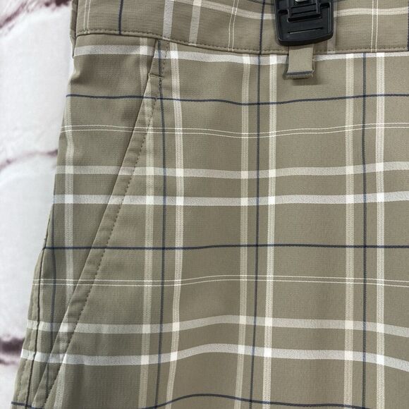 Nike Golf Shorts Mens SZ 34 Plaid Flat Front Performance Dri Fit Chino Tan Blue - Picture 3 of 12